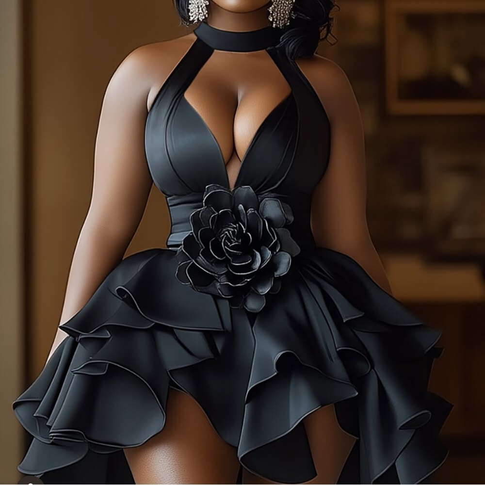 Elegant Loragal Black Halter Dress with Floral Detail